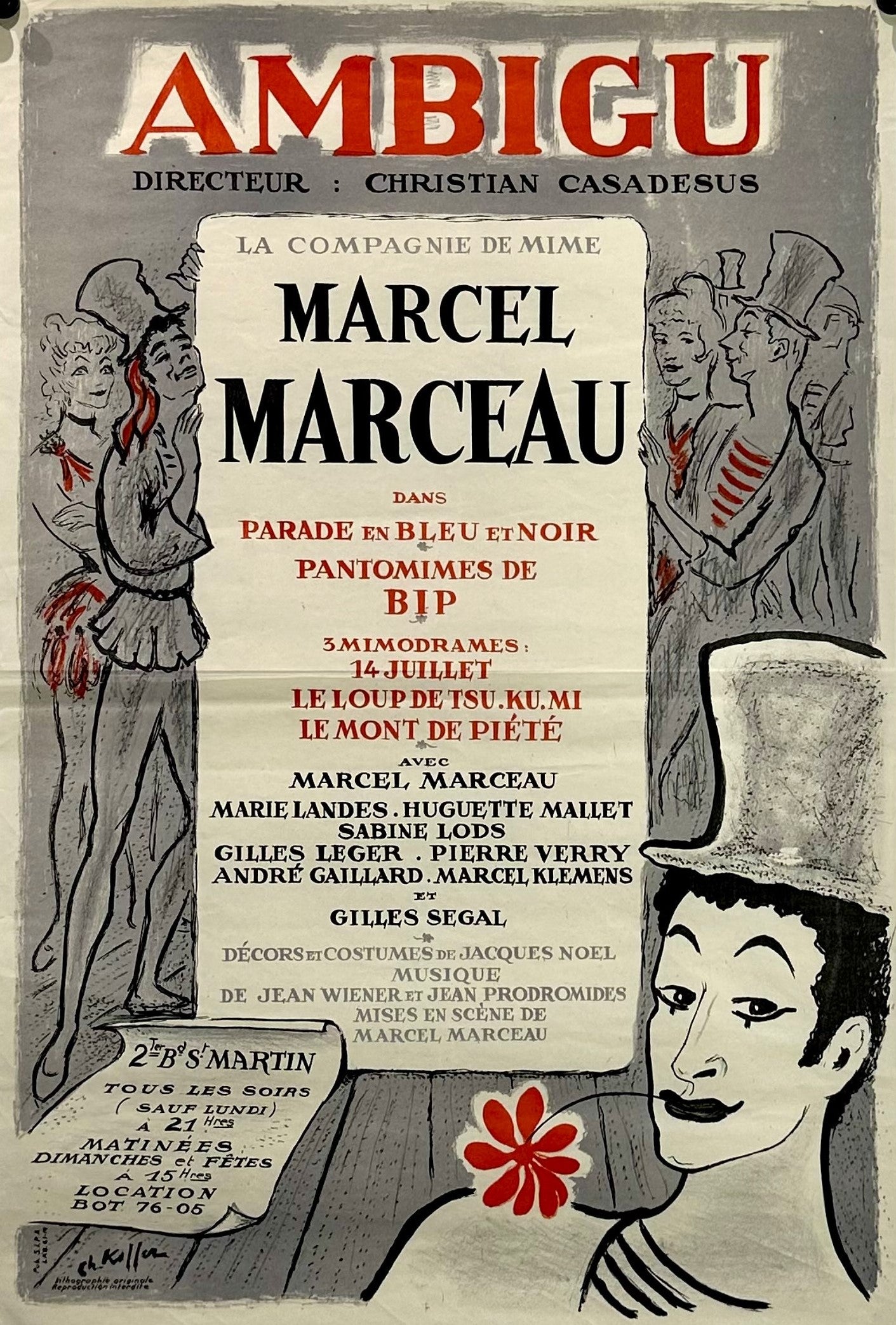 Marcel Marceau- Ambigu Theatre - Authentic Vintage Poster