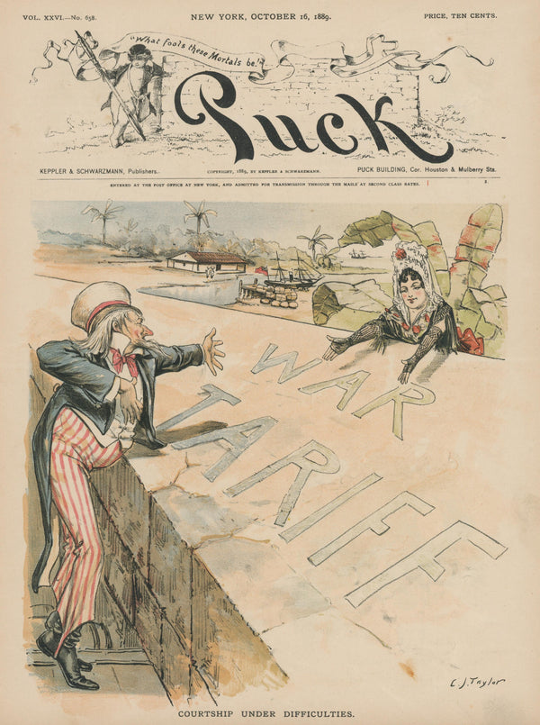 Tariff War- Puck Magazine - Authentic Vintage Cover Art