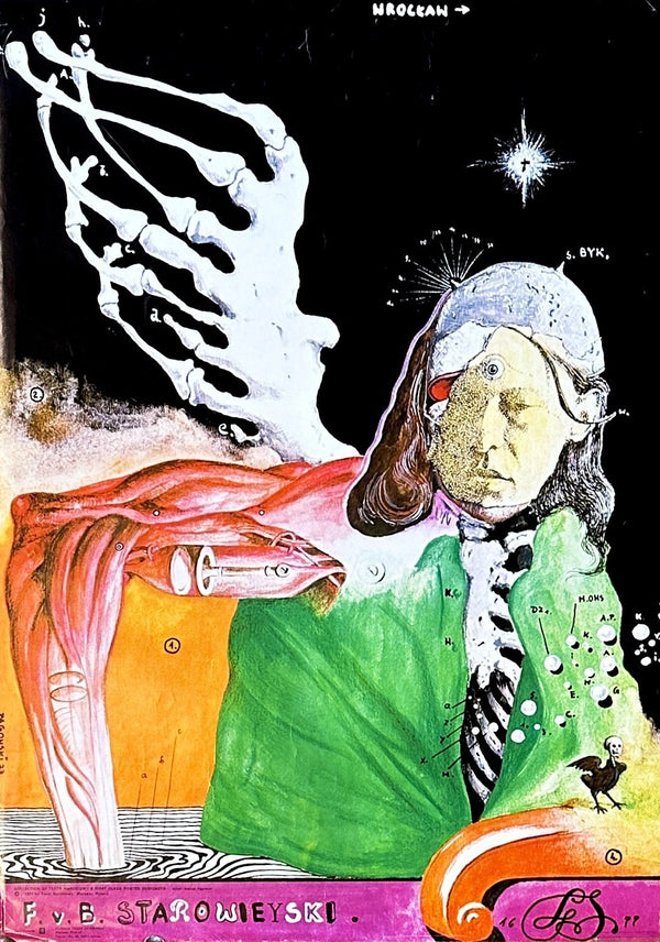 Starowieyski by Pagowski-Polish Exhibition: Surreal art inspired by Polish poster legends, featuring a human-faced figure with exposed muscles, skeletal arm, green sleeve, vibrant cosmic elements and symbols. Bold text is displayed at the bottom.