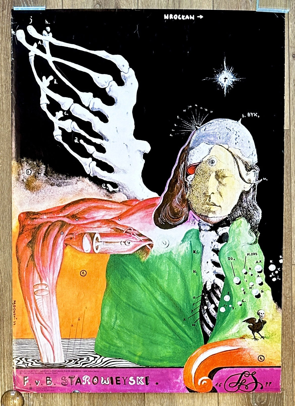 A surreal painting in the style of "Starowieyski by Pagowski- Polish Exhibition" depicts a long-haired figure in a green shirt with a half-skeletal face, a looming skeletal arm, and abstract numbers and constellations in the background.
