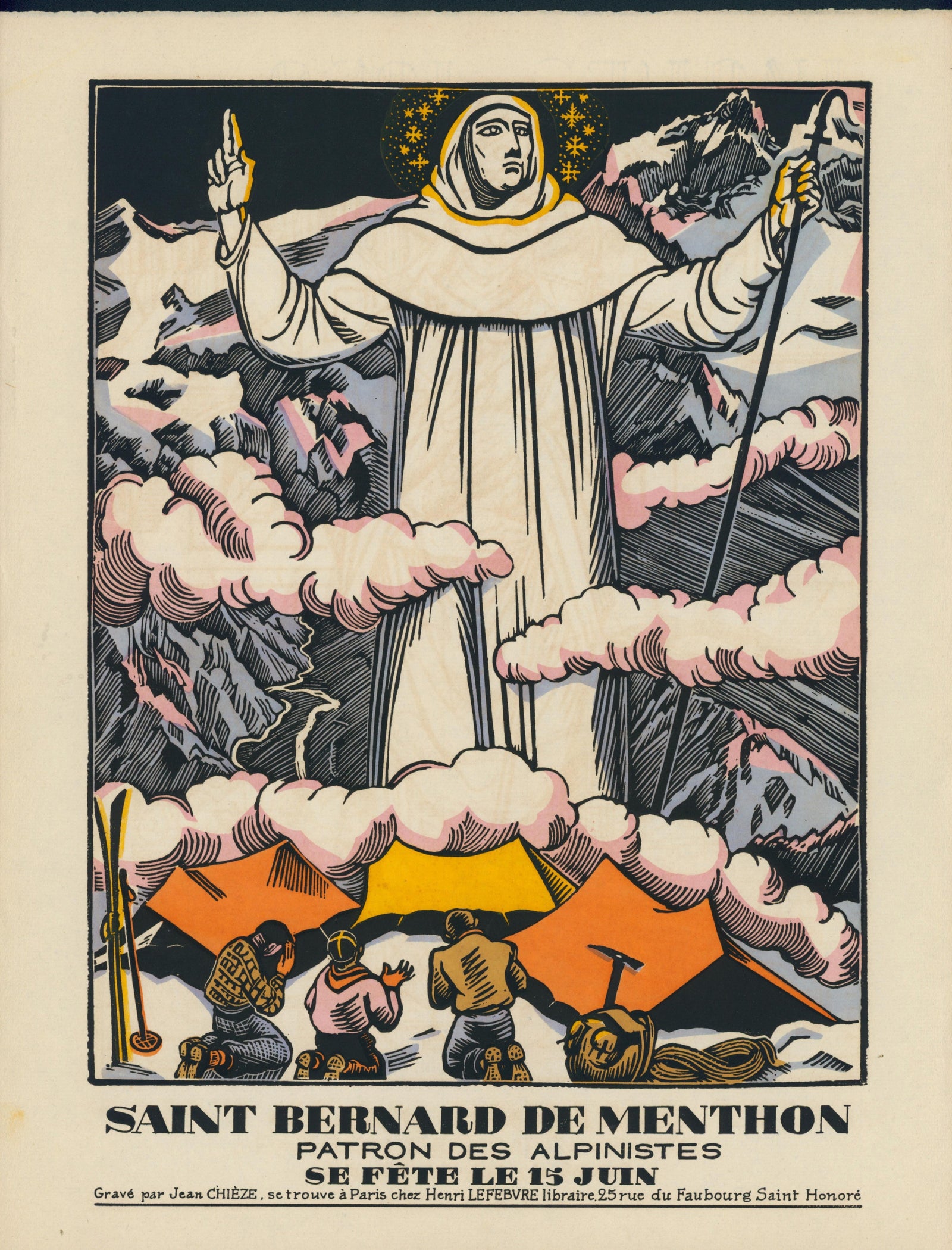 Saint Bernard de Menthon, Mountaineers- Wood Engraving - Authentic Vintage Antique Print