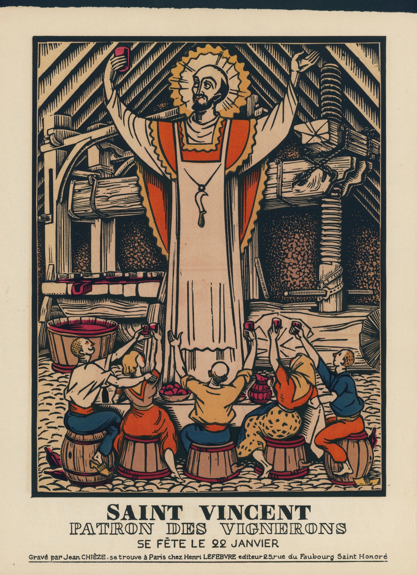 Saint Vincent, Winemakers- Wood Engraving - Authentic Vintage Antique Print