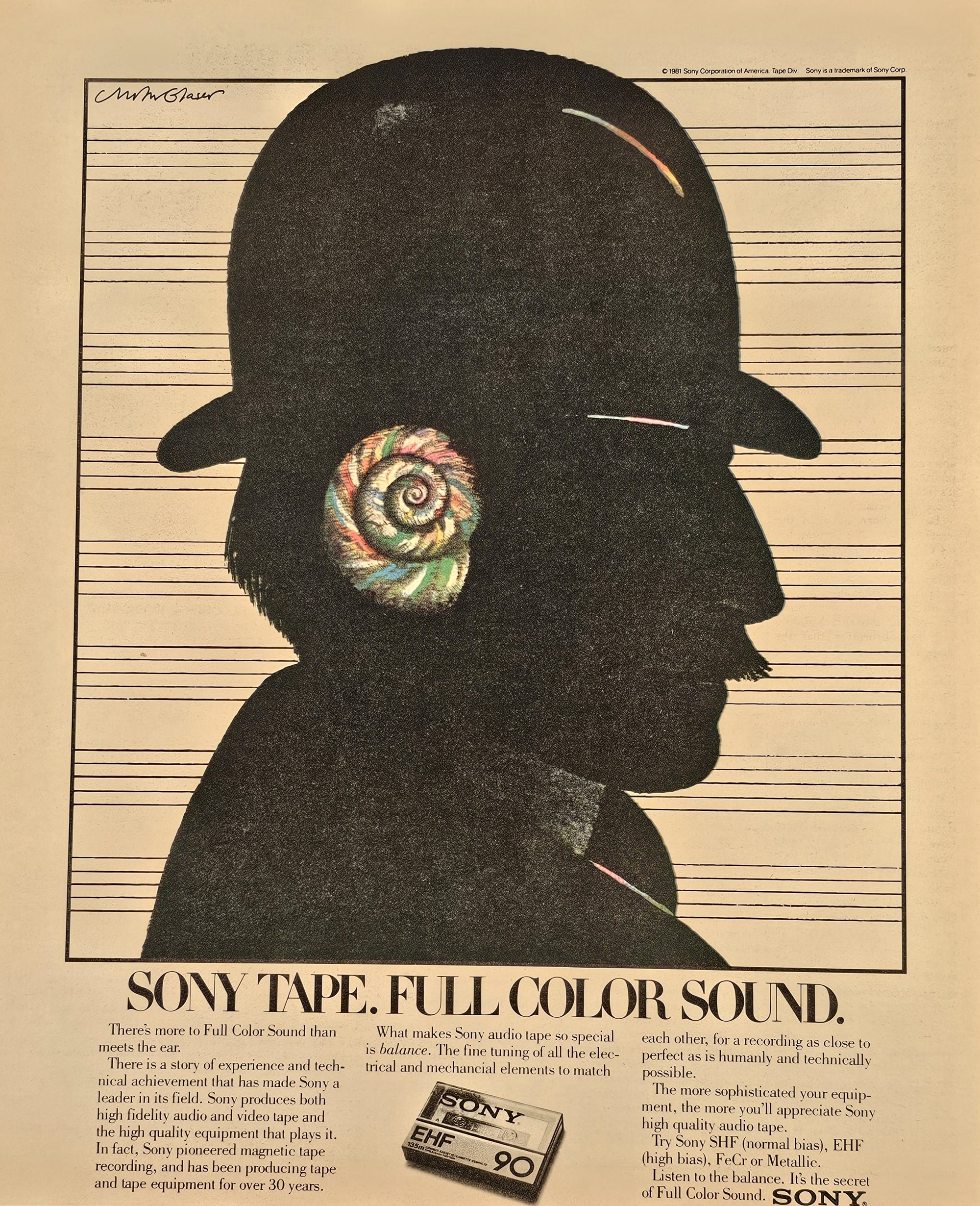 Milton Glaser Sony Tape Ad- Full Color Sound - Authentic Vintage Vintage Ad