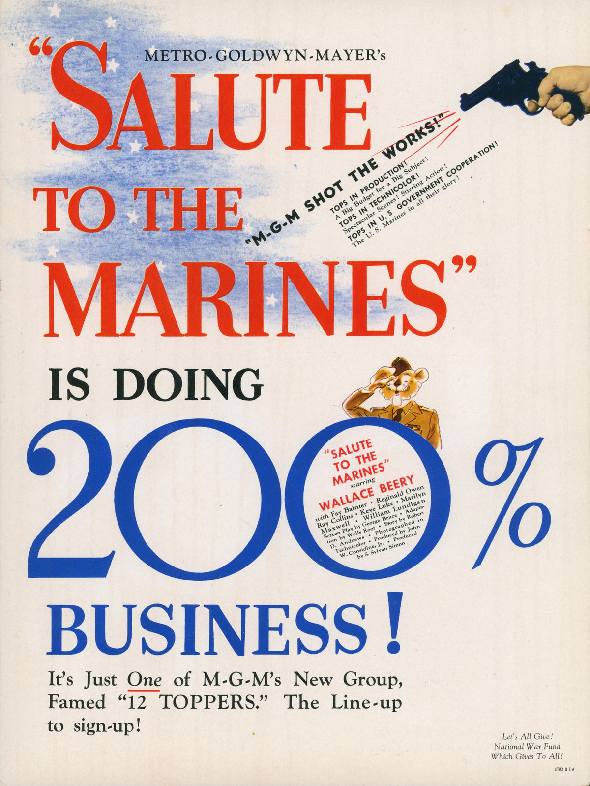 Trade Ad 1: MGM’s Salute to the Marines poster with bold red, blue, and black text, a gun-pointing hand, a medal-shaped Wallace Beery feature—vintage print showing age-related wear and light paper toning.