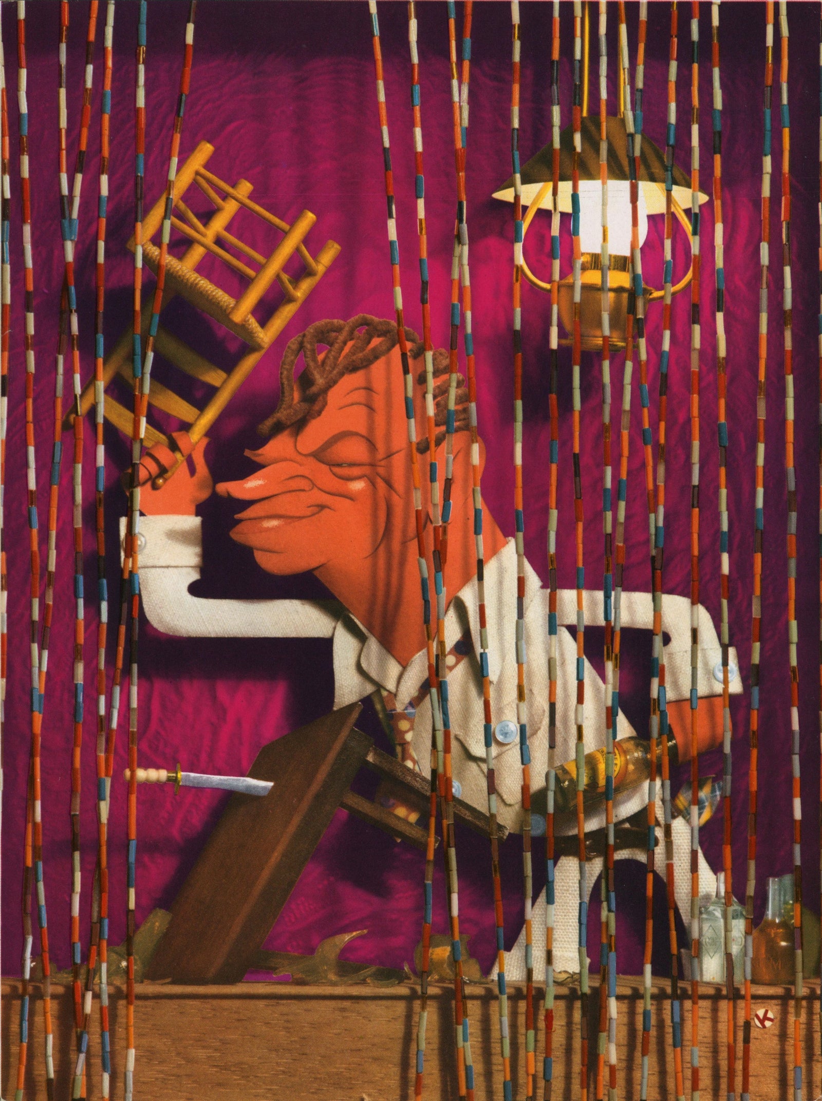 A stylized figure in a suit brandishes a chair, striding forward on a deep pink background with vertical multicolored lines and lamp details, giving Trade Ad 1 a bold, vintage-inspired cartoon look.