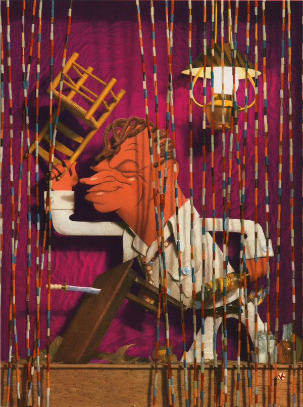 A stylized figure in a suit brandishes a chair, striding forward on a deep pink background with vertical multicolored lines and lamp details, giving Trade Ad 1 a bold, vintage-inspired cartoon look.