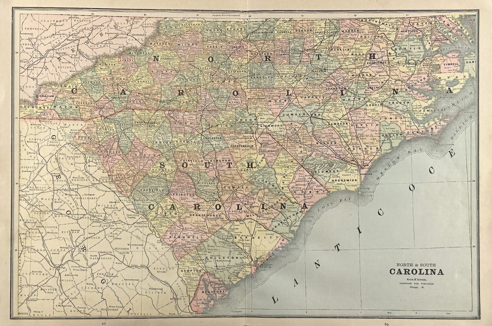 North Carolina, South Carolina- Cram’s Atlas - Authentic Vintage Map