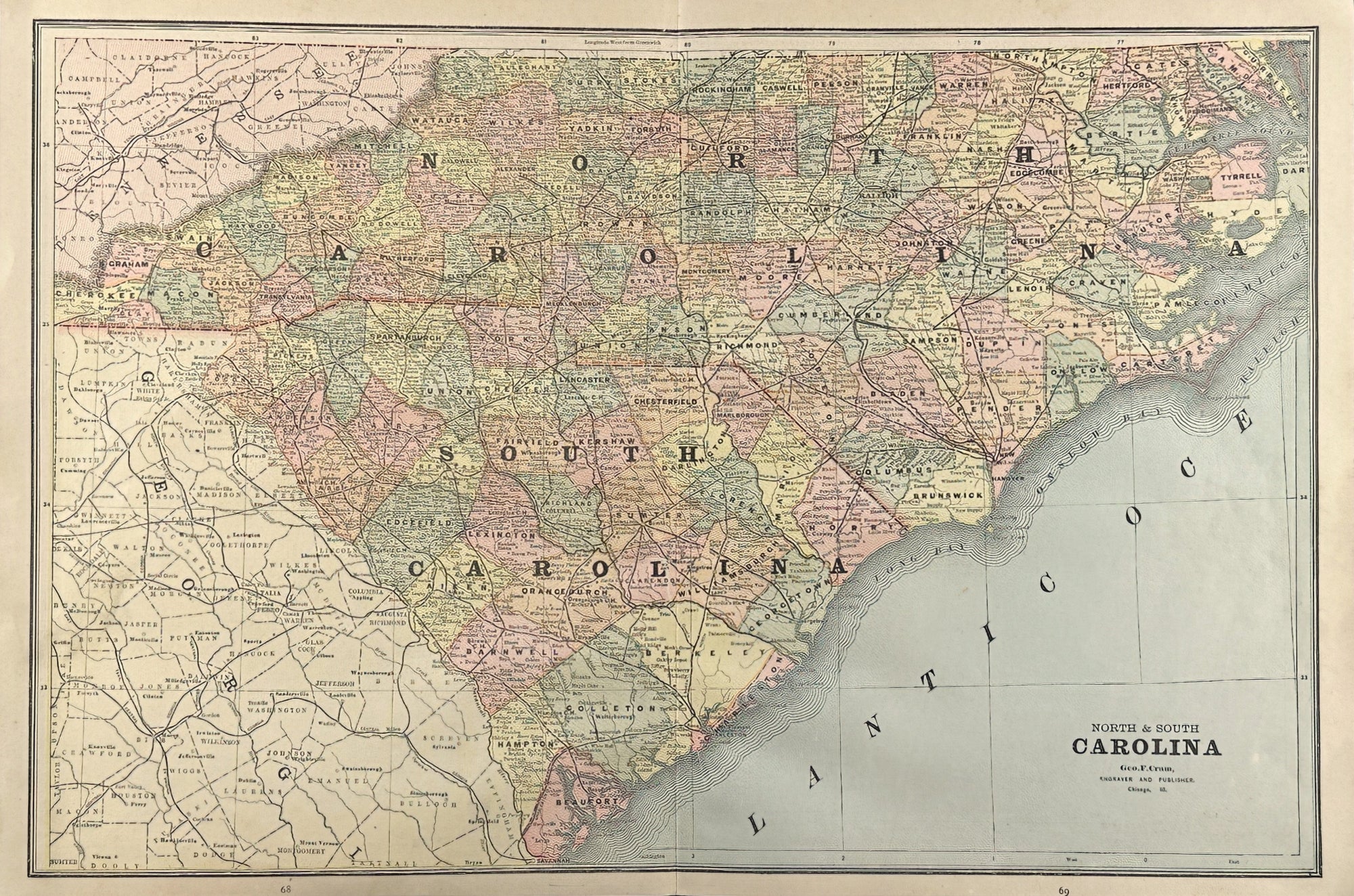 North Carolina, South Carolina- Cram’s Atlas - Authentic Vintage Map