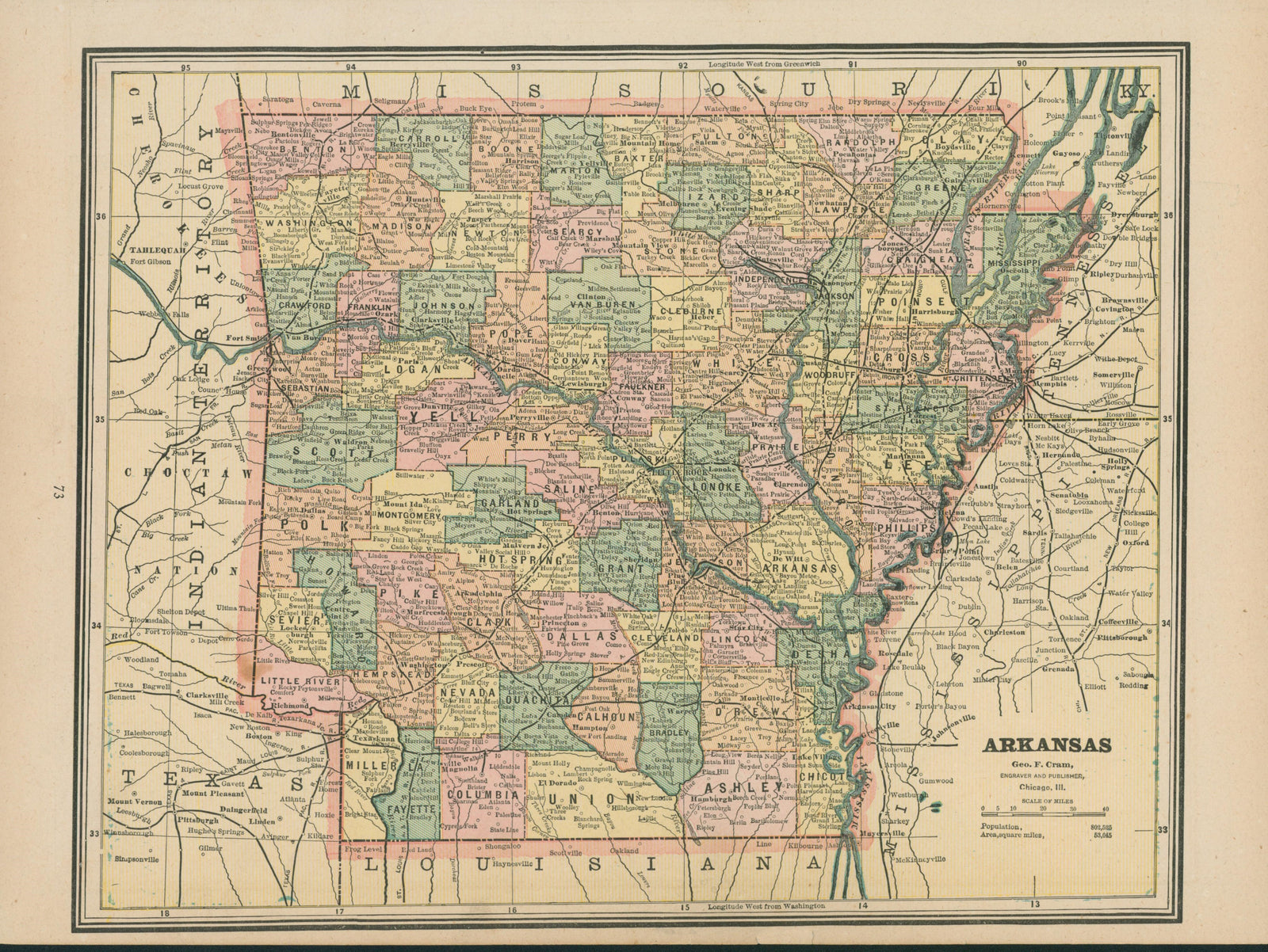 Arkansas- Cram's Atlas - Authentic Vintage Map