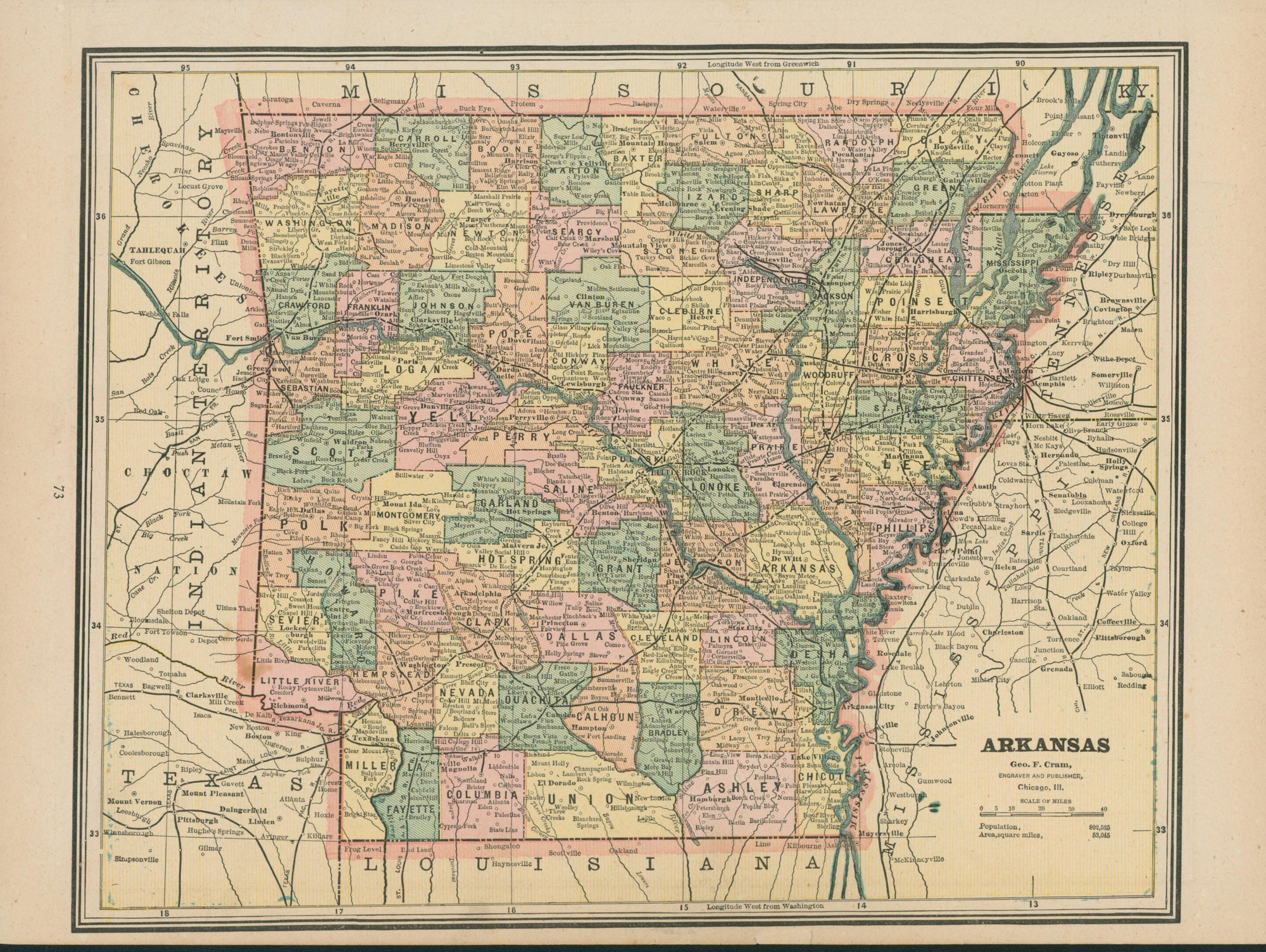 Arkansas- Cram's Atlas - Authentic Vintage Map