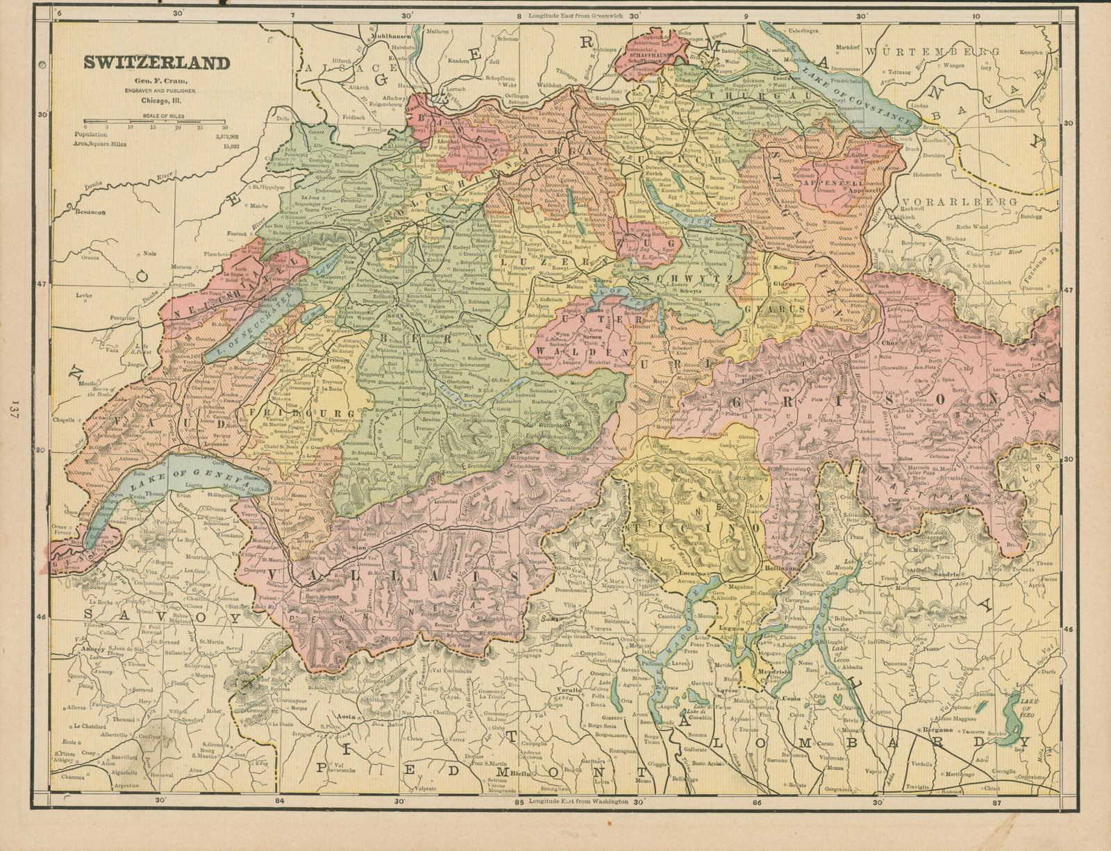 Switzerland- Cram's Atlas - Authentic Vintage Map
