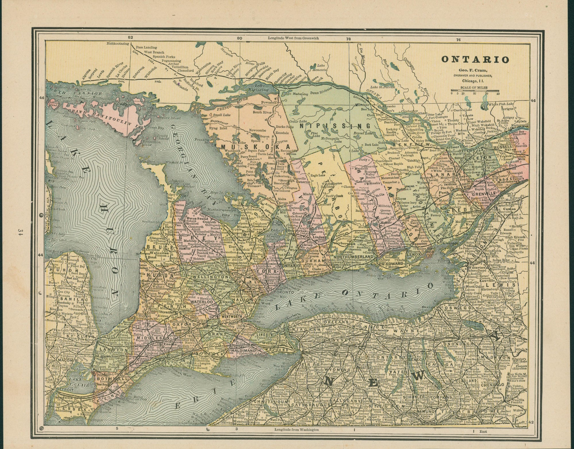Ontario, Canada- Cram's Atlas - Authentic Vintage Map