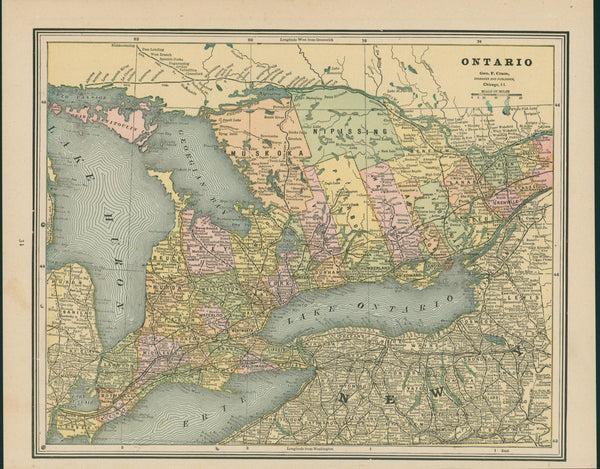 Ontario, Canada- Cram's Atlas - Authentic Vintage Map