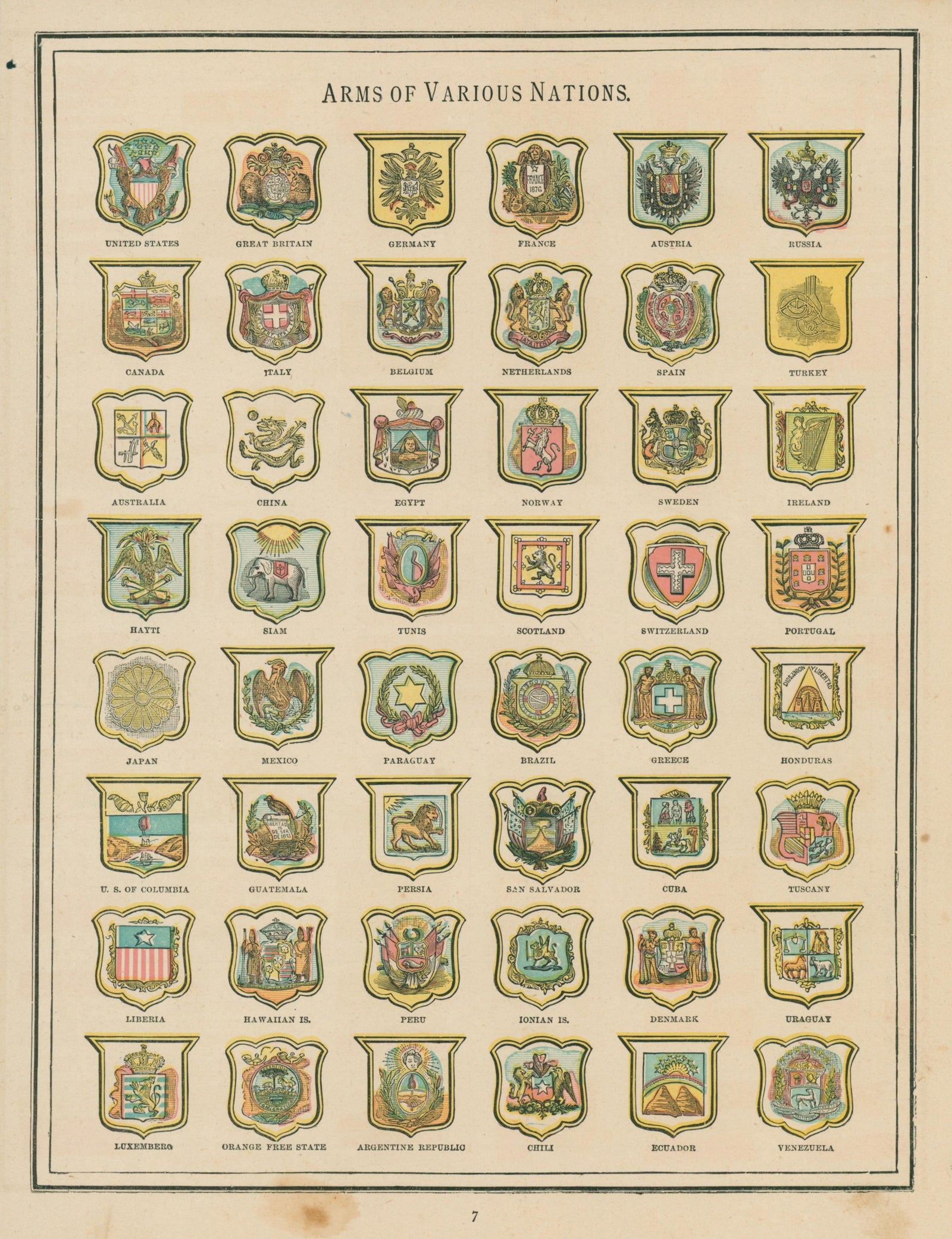 Arms of Various Nations- Cram's Atlas - Authentic Vintage Map