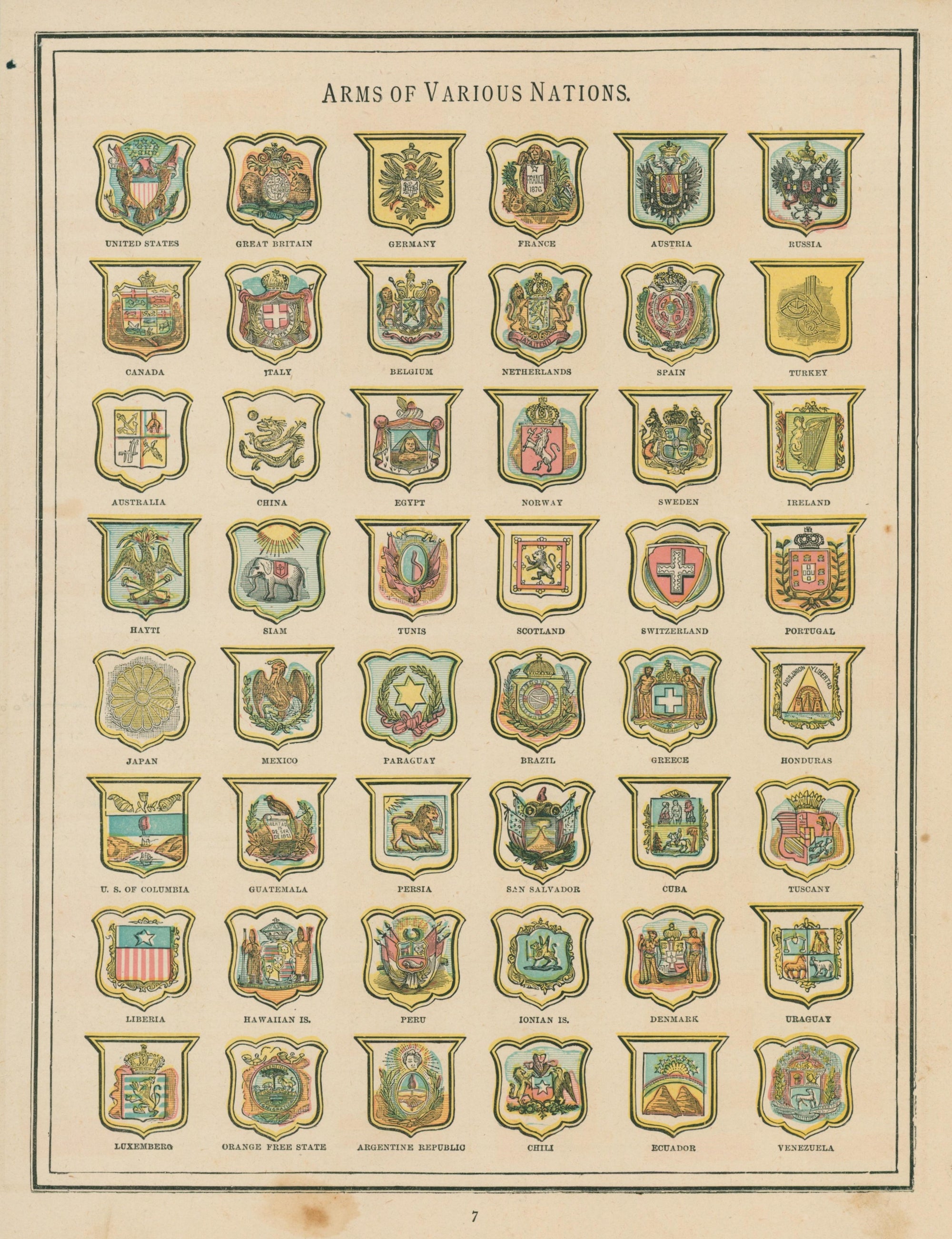 Arms of Various Nations- Cram's Atlas - Authentic Vintage Map