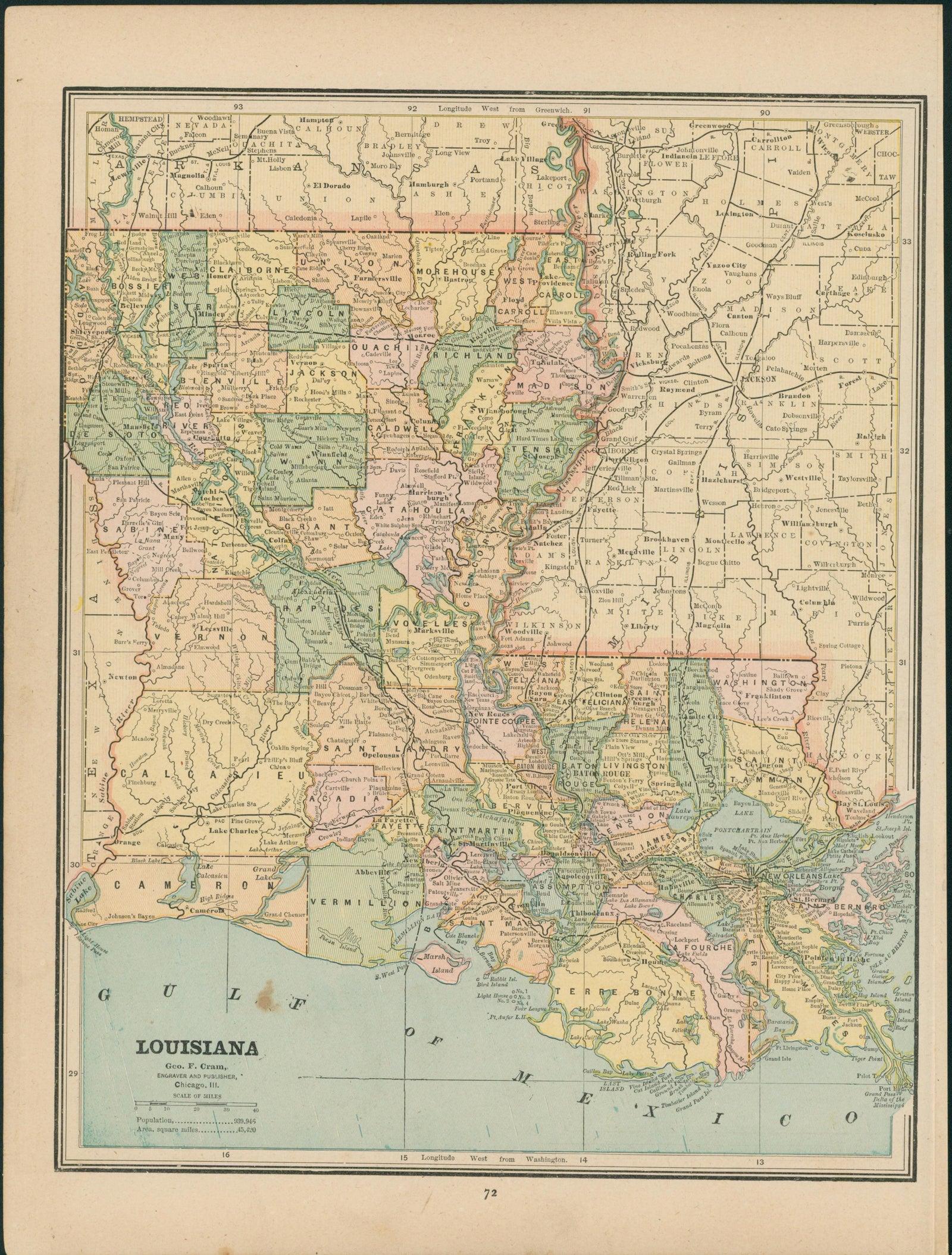 Louisiana- Cram's Atlas - Authentic Vintage Map