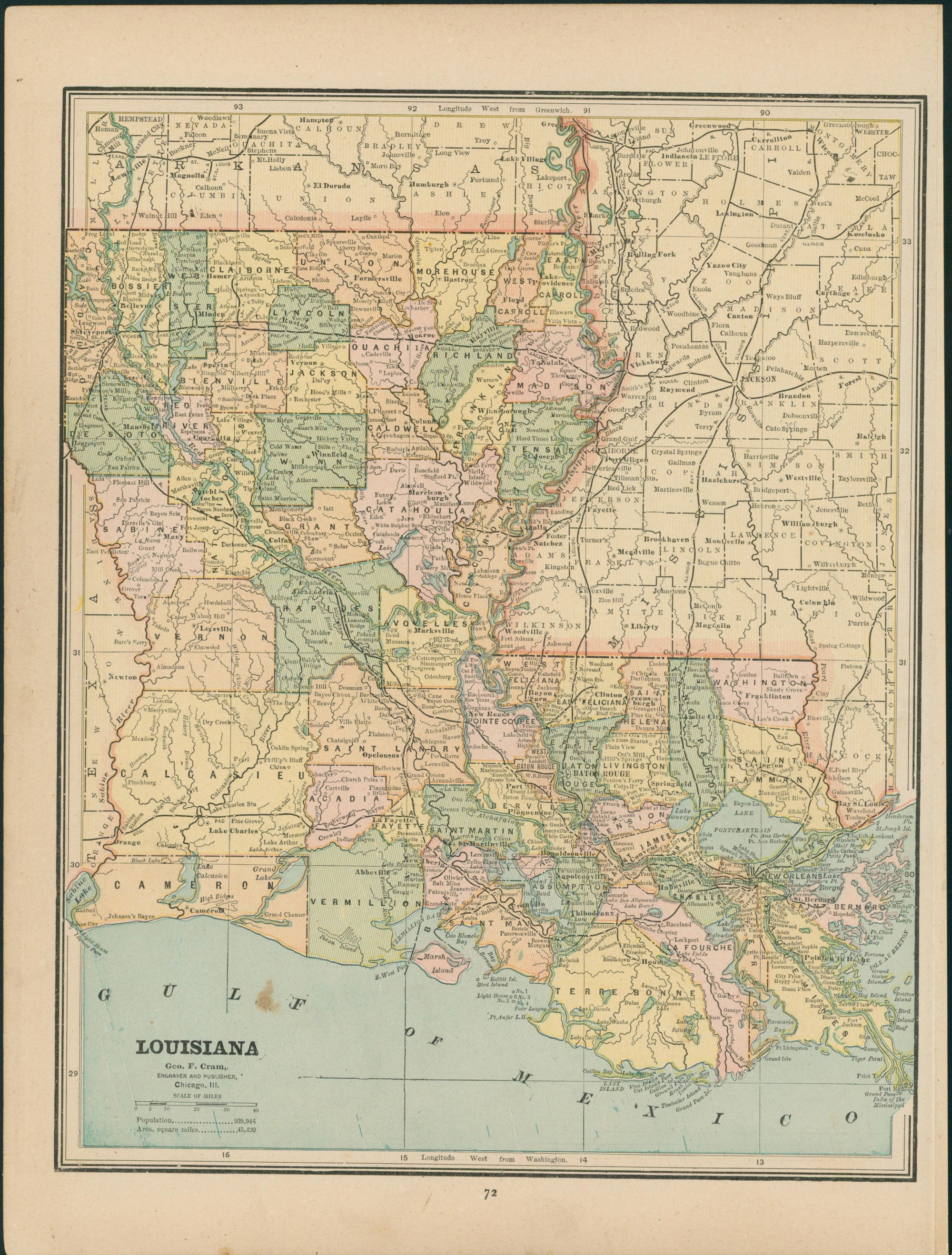 Louisiana- Cram's Atlas - Authentic Vintage Map
