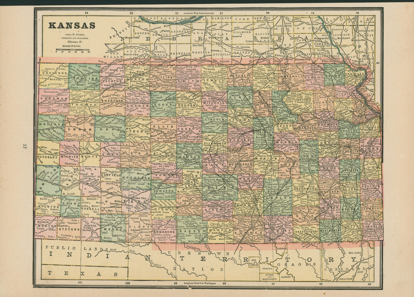 Kansas- Cram's Atlas - Authentic Vintage Map
