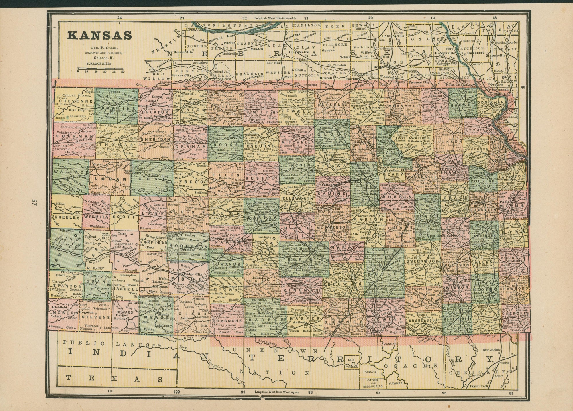 Kansas- Cram's Atlas - Authentic Vintage Map