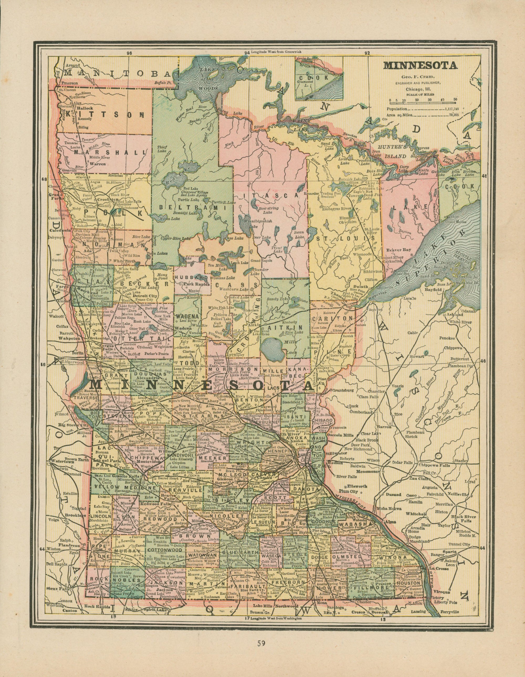 Minnesota- Cram's Atlas - Authentic Vintage Map