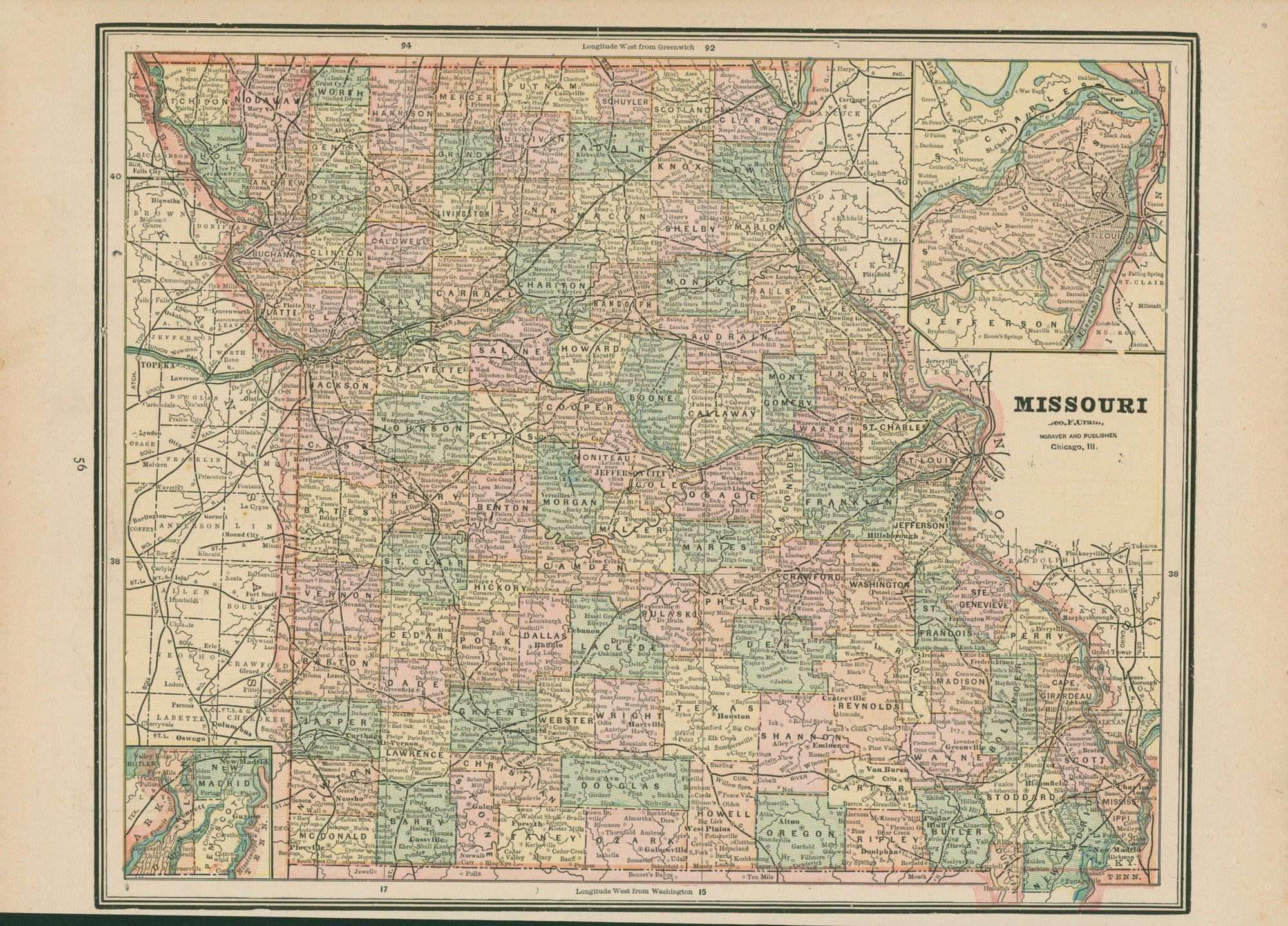 Missouri- Cram's Atlas - Authentic Vintage Map