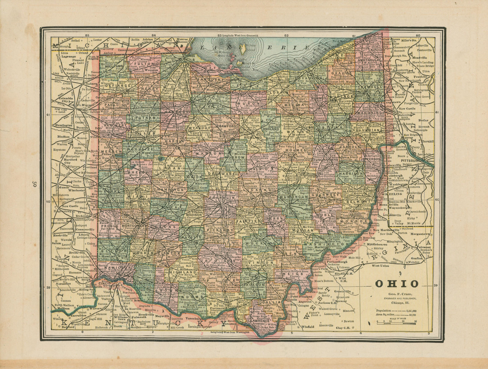 Ohio- Cram's Atlas - Authentic Vintage Map