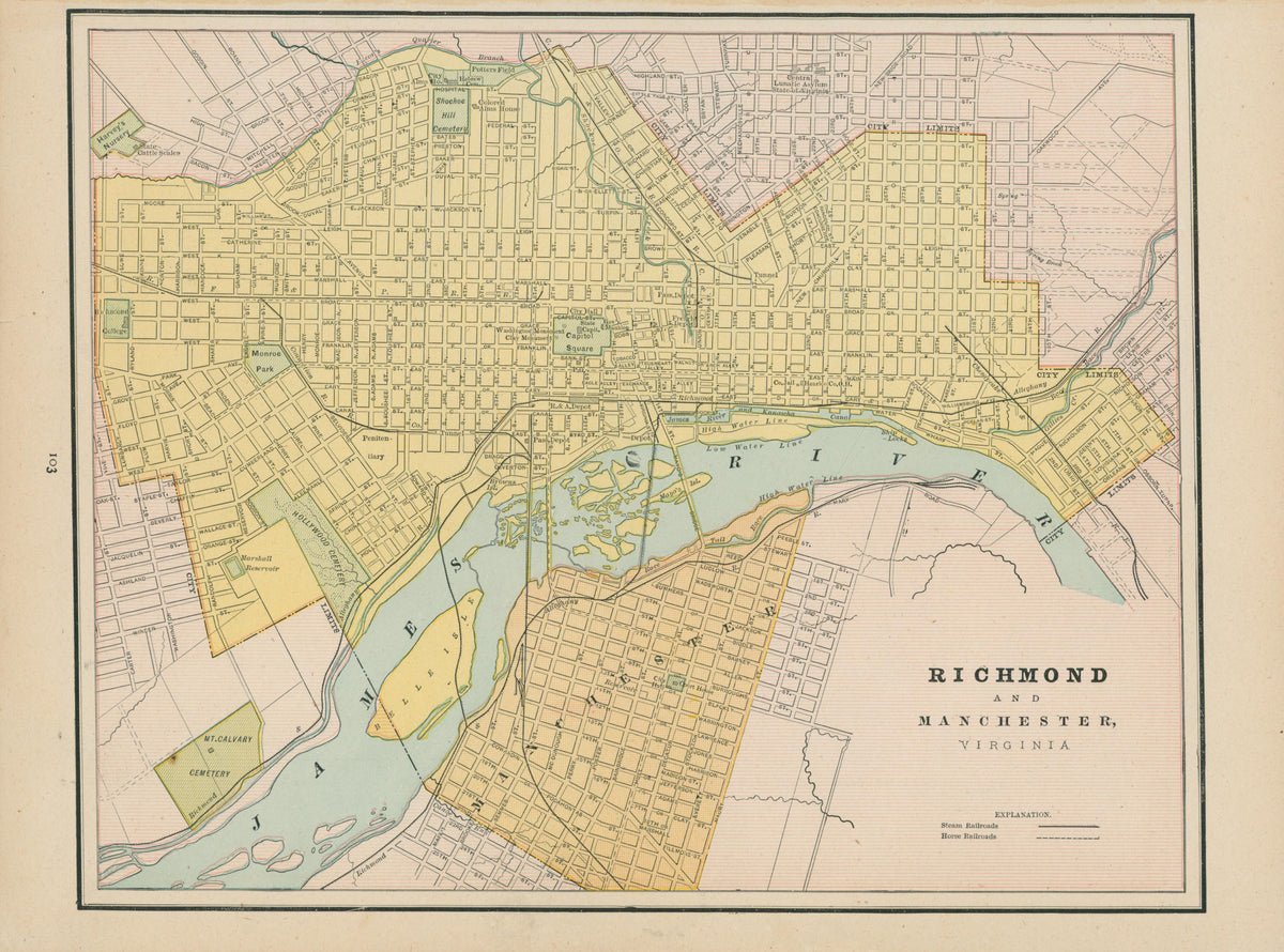 Richmond, Manchester, Virginia- Cram&#39;s Atlas - Authentic Vintage Map