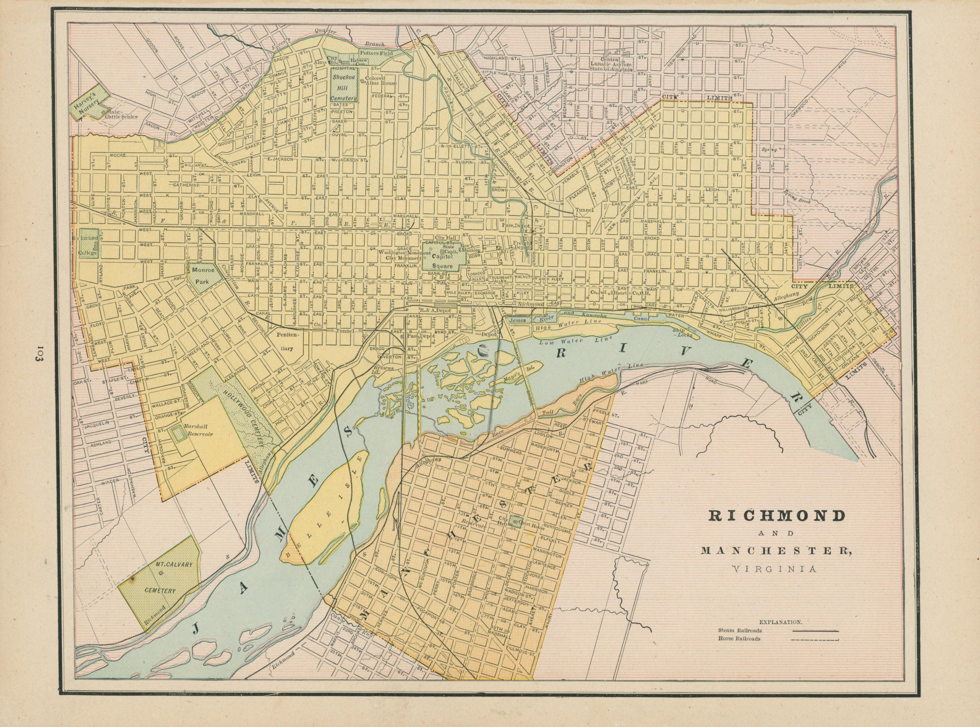 Richmond, Manchester, Virginia- Cram's Atlas - Authentic Vintage Map