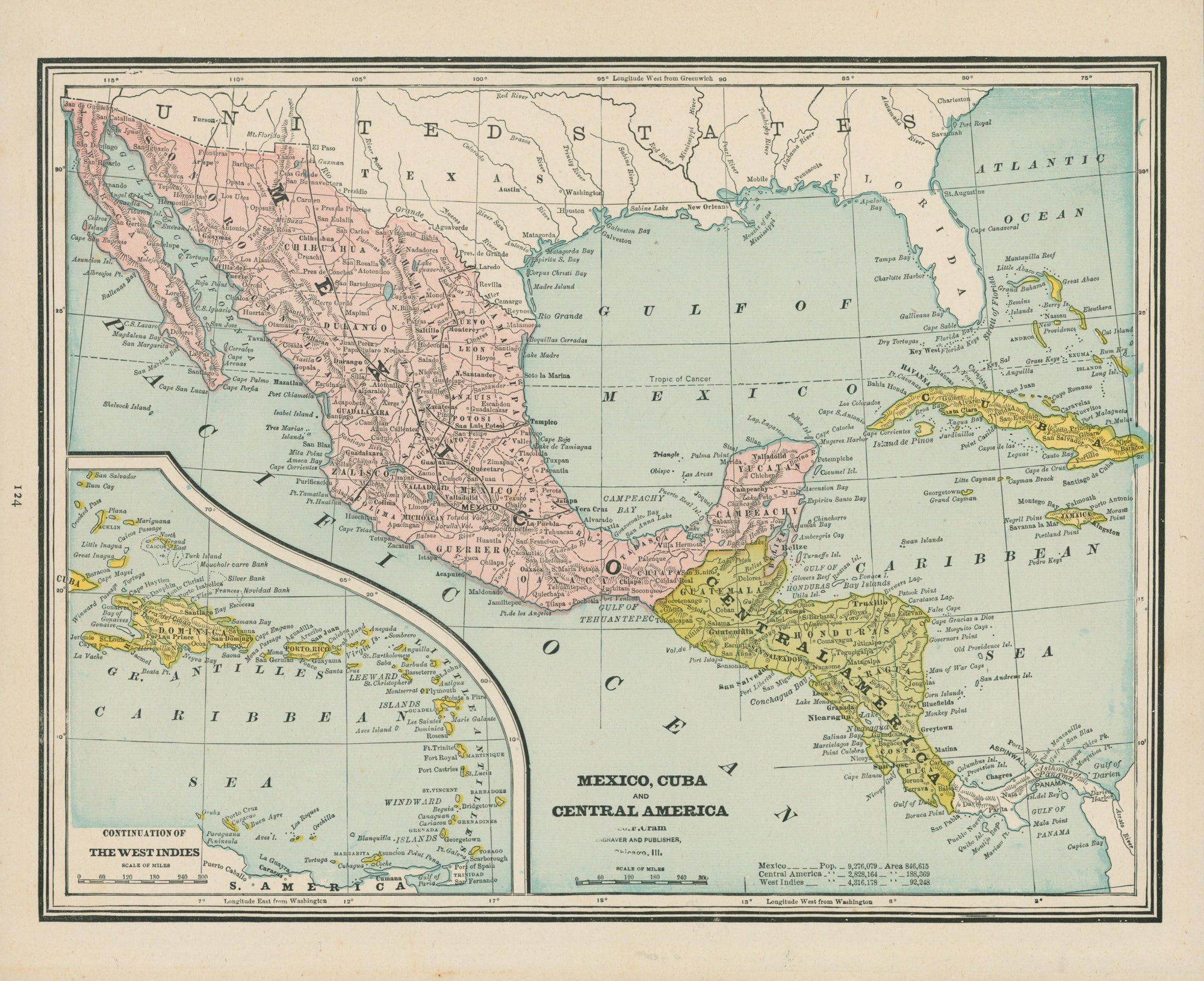 Mexico, Cuba, Central America- Cram's Atlas - Authentic Vintage Map