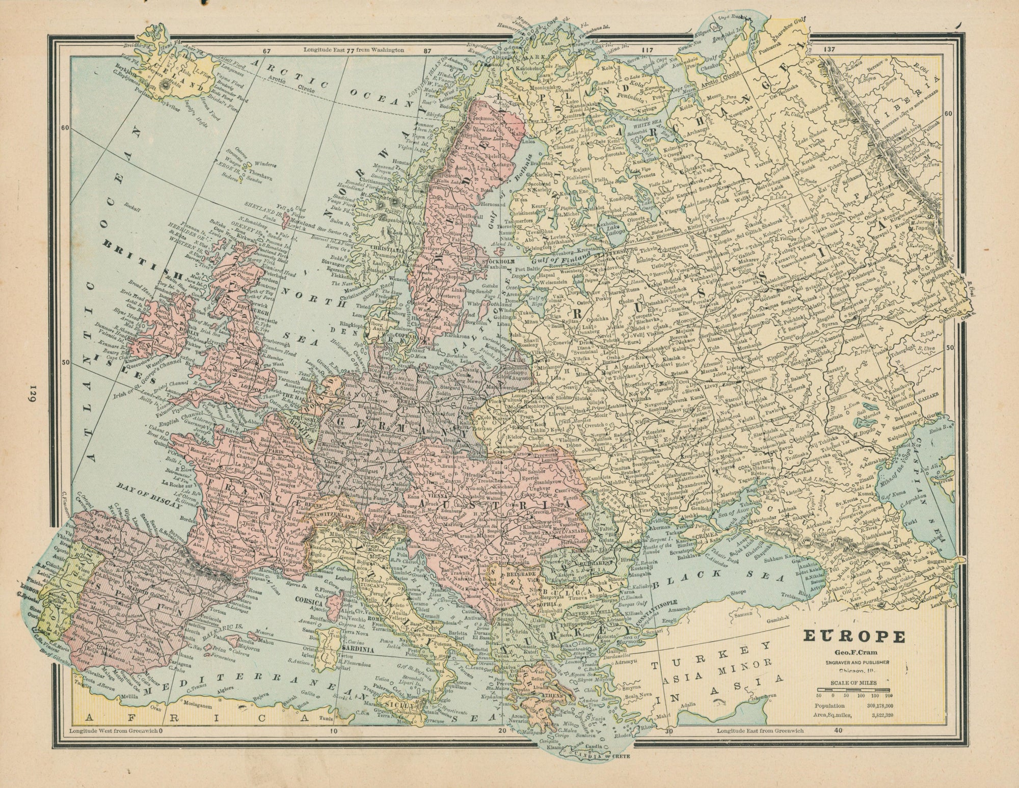 Europe- Cram's Atlas - Authentic Vintage Map