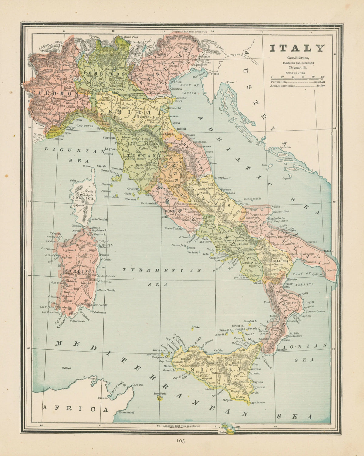 Italy, Cram's Atlas - Original Vintage Map