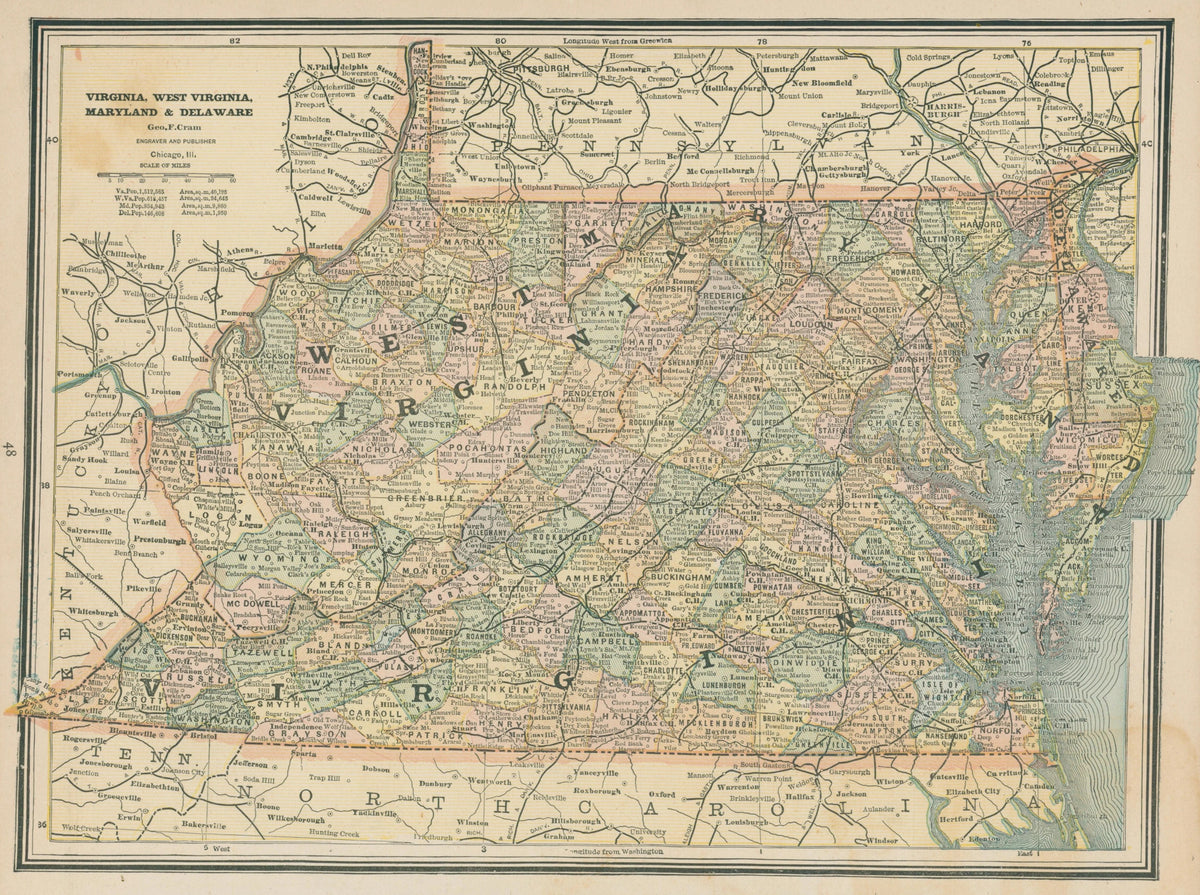 Virginia, West Virginia, and Maryland, Cram's Atlas - Original Vintage Map