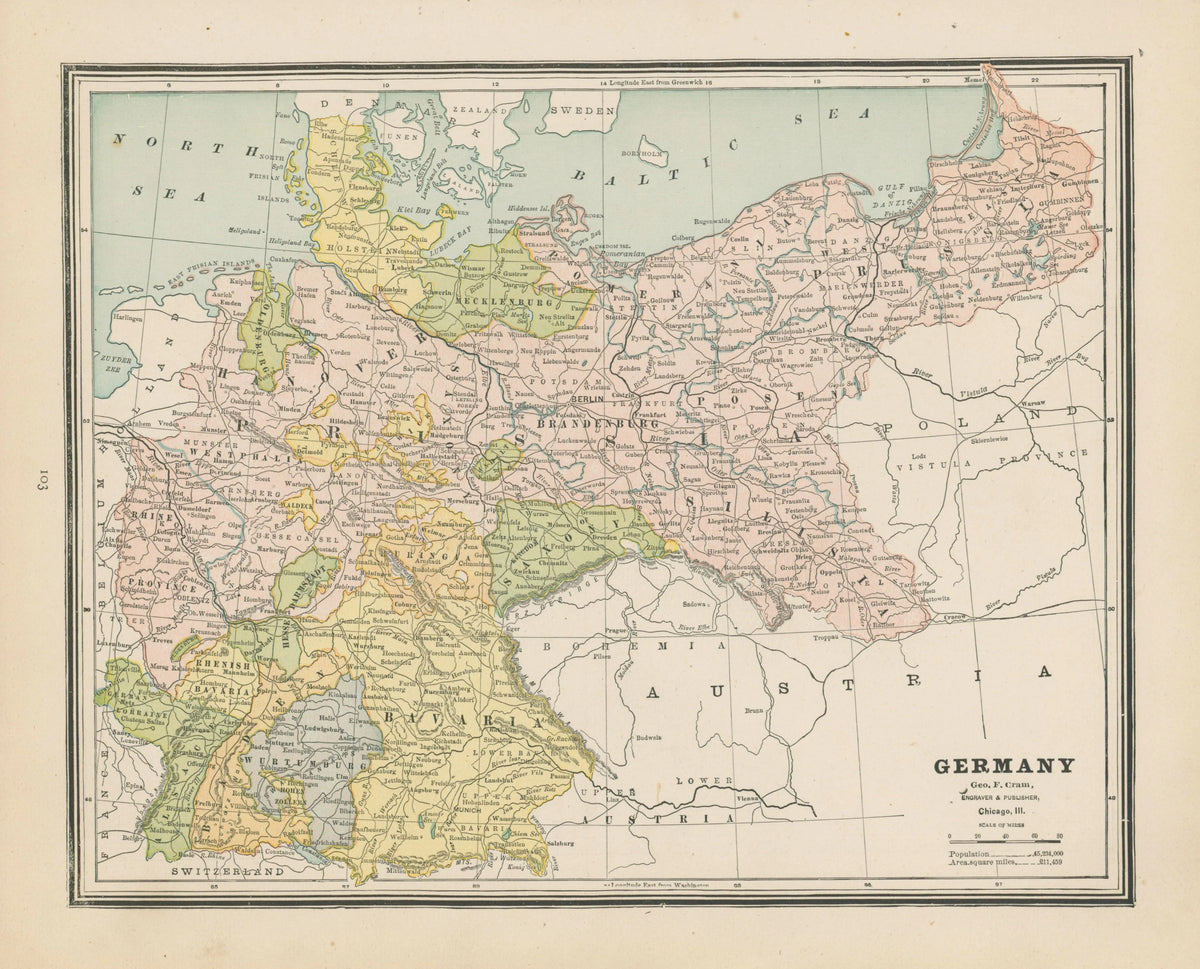 Germany, Cram's Atlas - Original Vintage Map