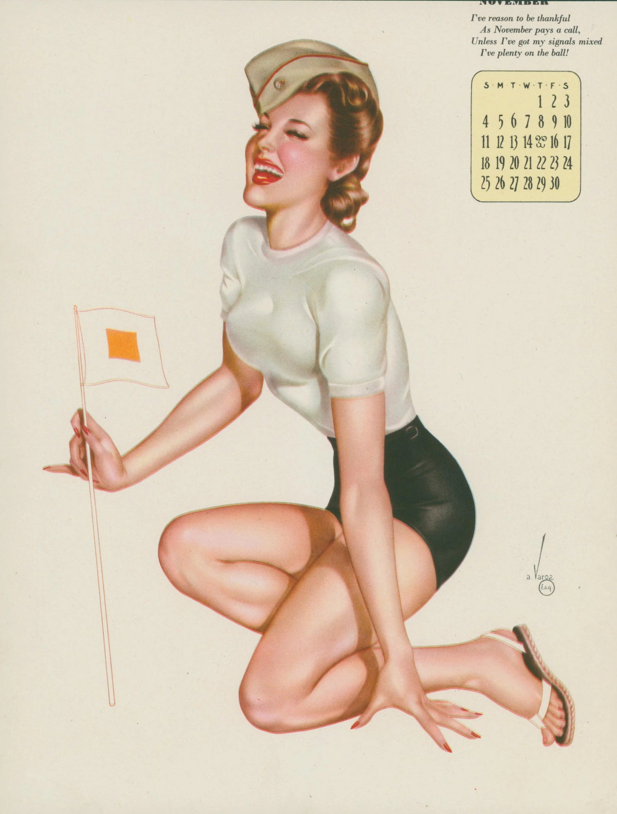 November Esquire Calendar - Original Vintage Illustration