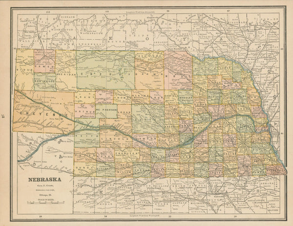 Nebraska, Cram's Atlas - Original Vintage Map