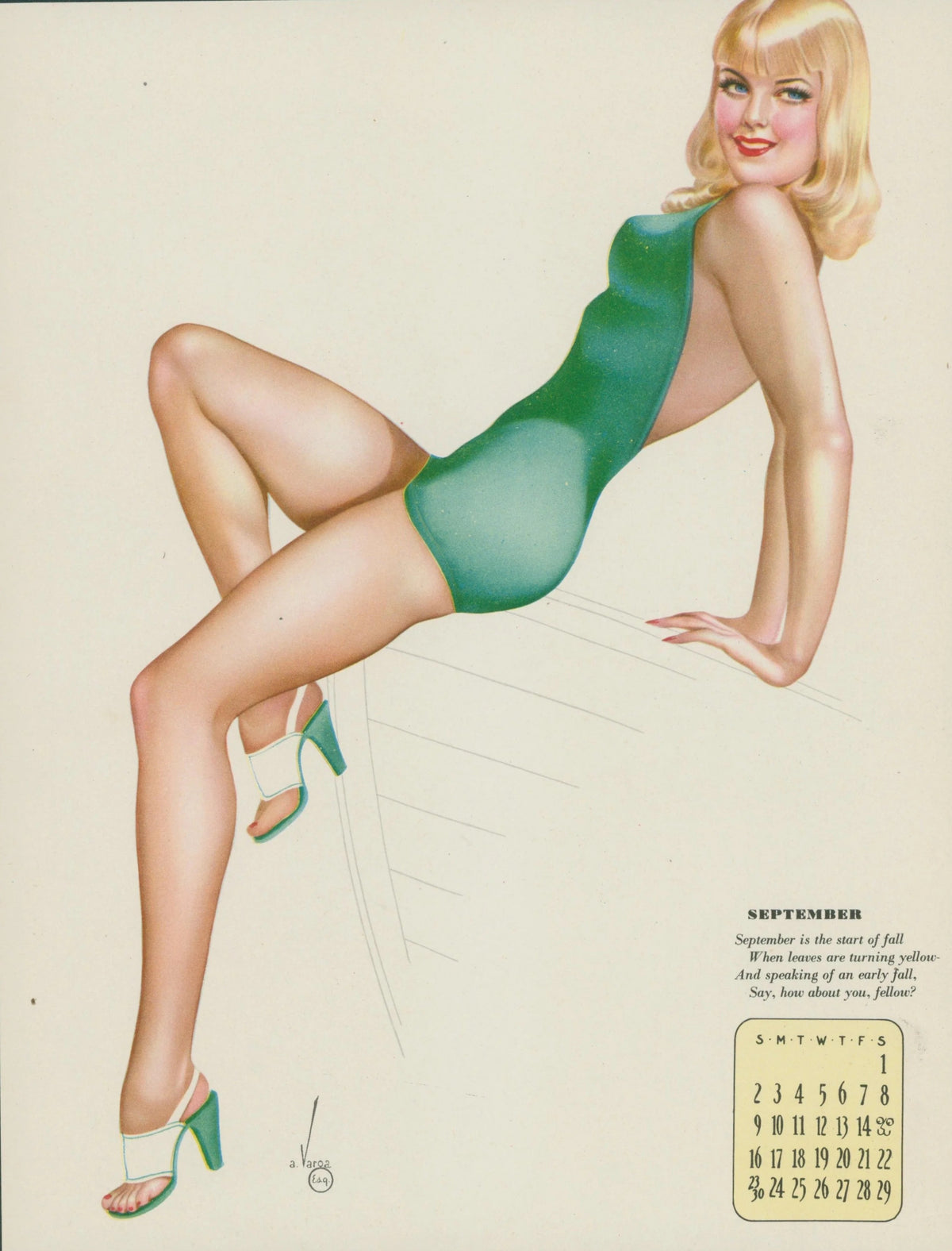 September, Esquire Calendar by Varga - Original Vintage Illustration