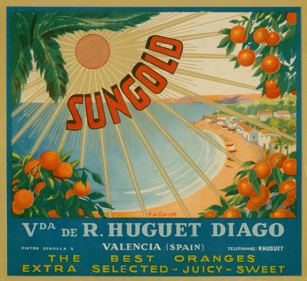 Sun Gold Oranges, Spanish Crate Label - Original Vintage Product Label: