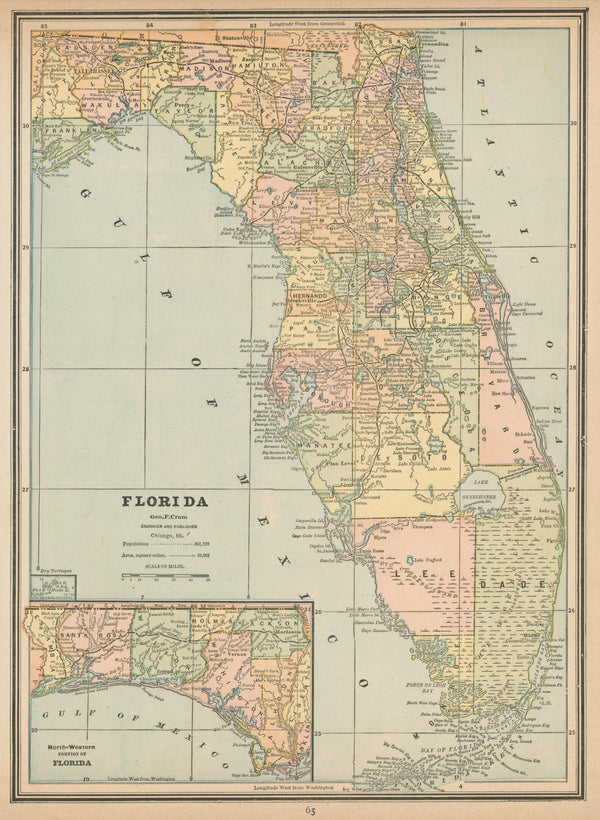 Florida, Cram's Atlas - Original Vintage Map