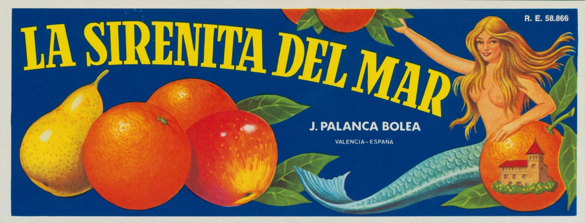 La Sirenita Del Mar, Small Spanish Crate Label - Original Vintage Product Label:
