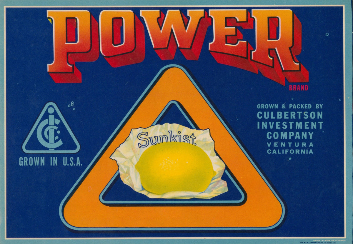 Power Citrus, California Crate Label - Original Vintage Product Label: