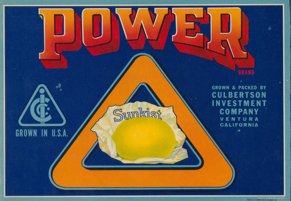 Power Citrus, California Crate Label - Original Vintage Product Label: