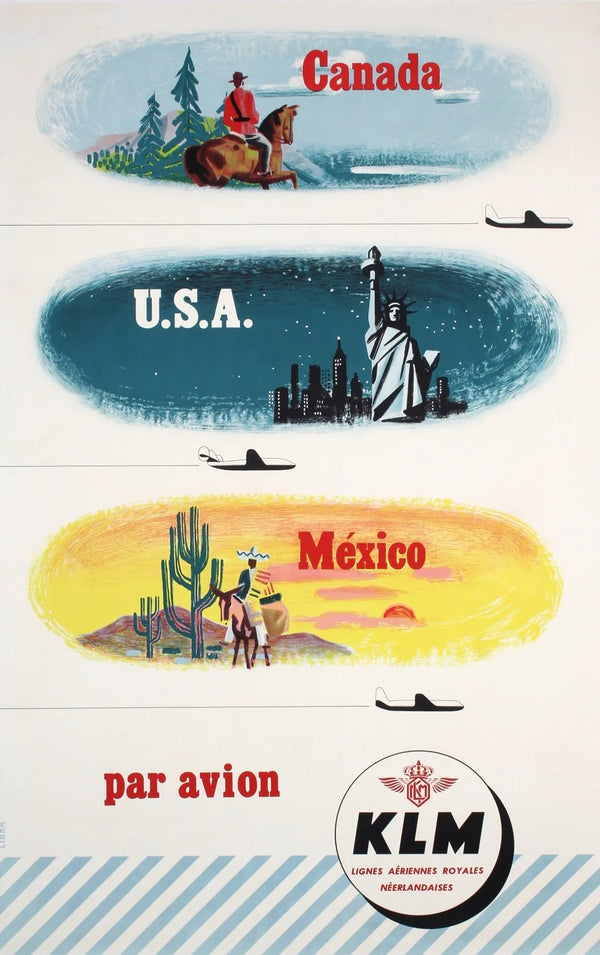 KLM - Canada USA Mexico by Rene Libra, ca. 1954 - Original Vintage Poster