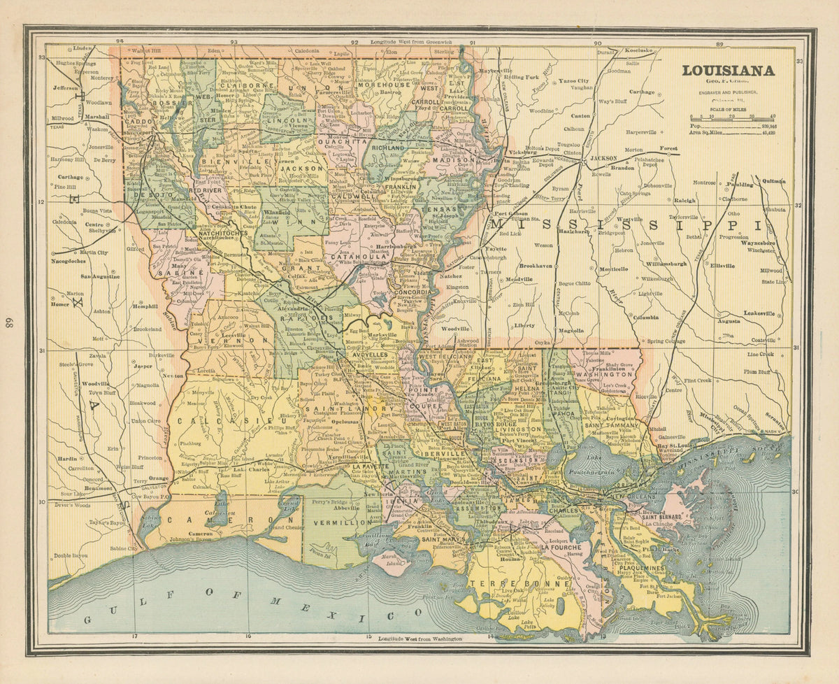 Louisiana, Cram's Atlas - Original Vintage Map