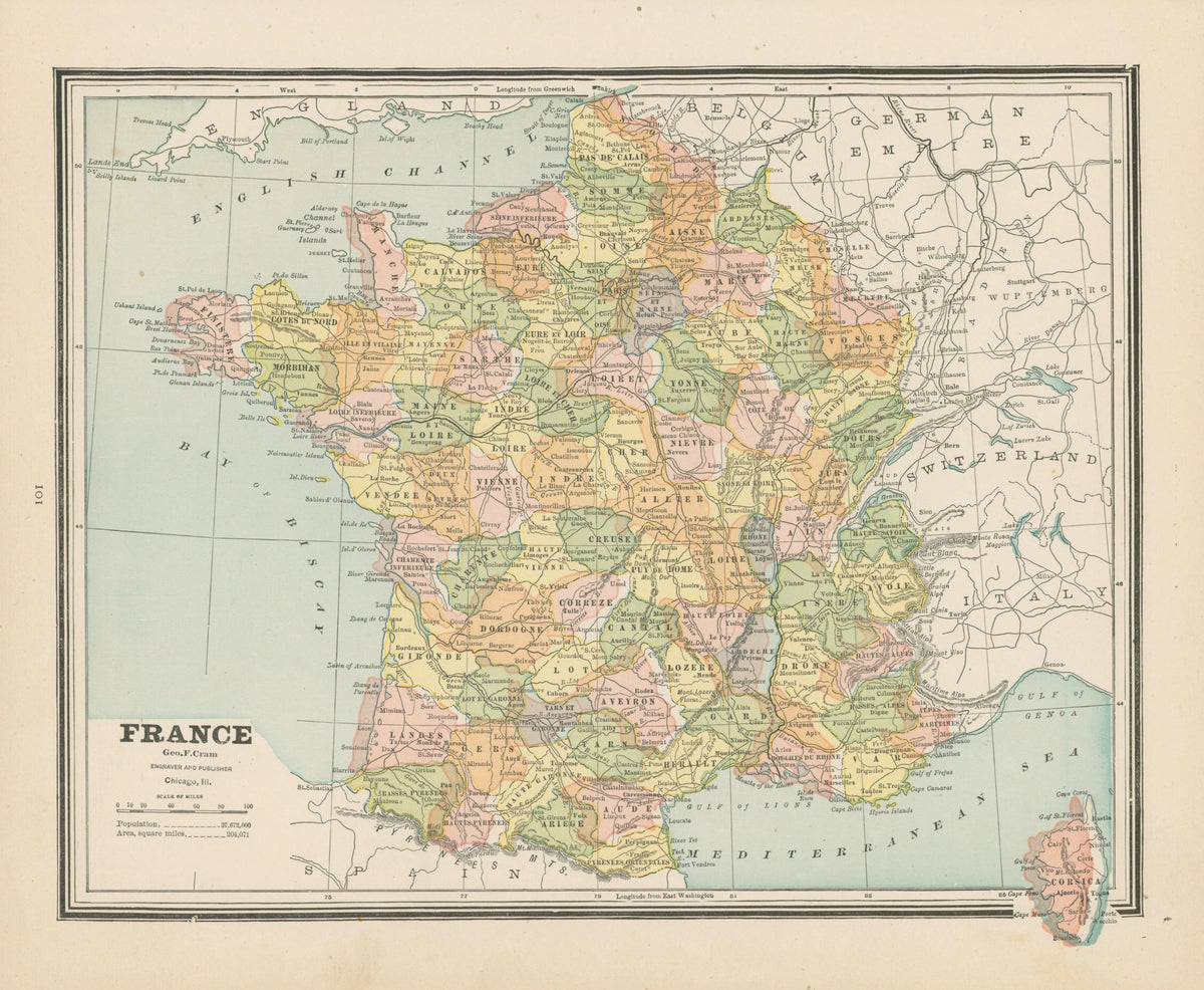 France, Cram's Atlas - Original Vintage Map