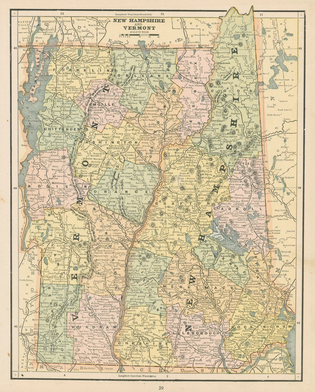 New Hampshire and Vermont, Cram's Atlas - Original Vintage Map