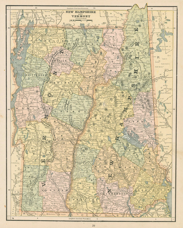 New Hampshire and Vermont, Cram's Atlas - Original Vintage Map