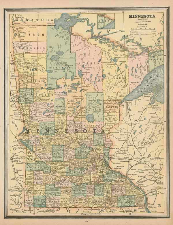 Minnesota, Cram's Atlas - Original Vintage Map