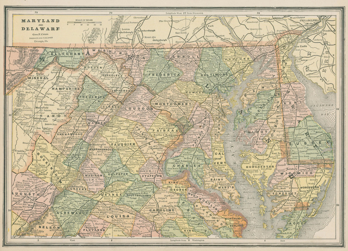 Maryland and Delaware, Cram's Atlas - Original Vintage Map