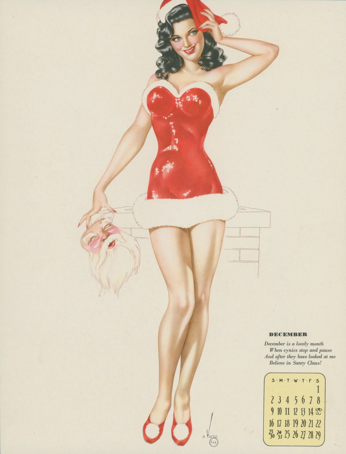 December Esquire Calendar - Original Vintage Illustration