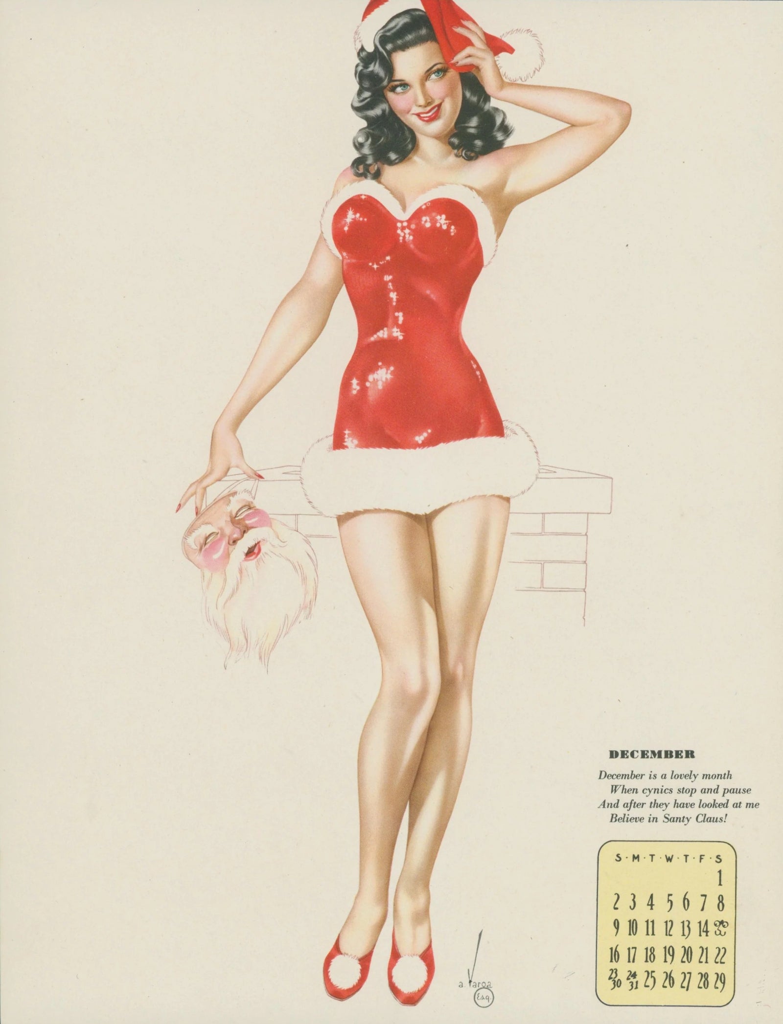 December Esquire Calendar - Original Vintage Illustration